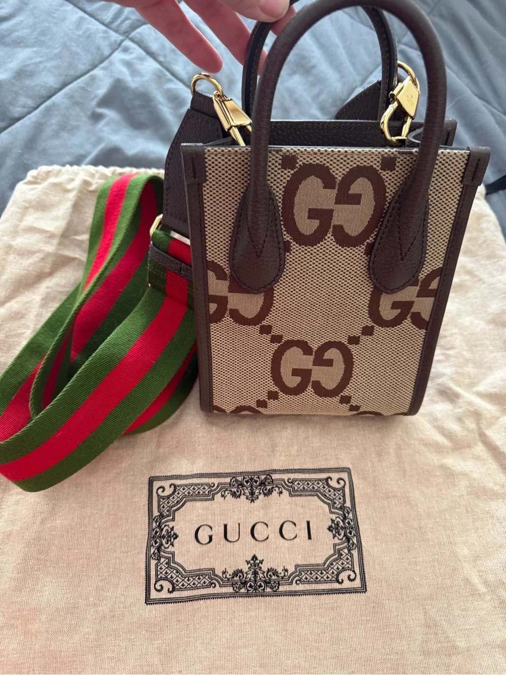 Gucci Brown/Beige GG Mini Tote with Green-Red Web Strap - Picture 3 of 11
